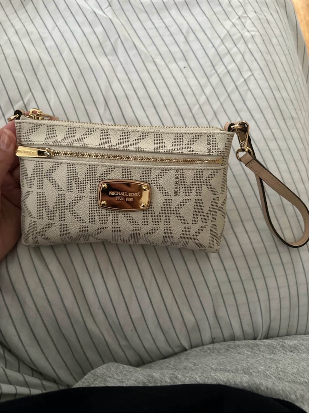 Michael Kors Beige Logo Wristlet with Gold Hardware